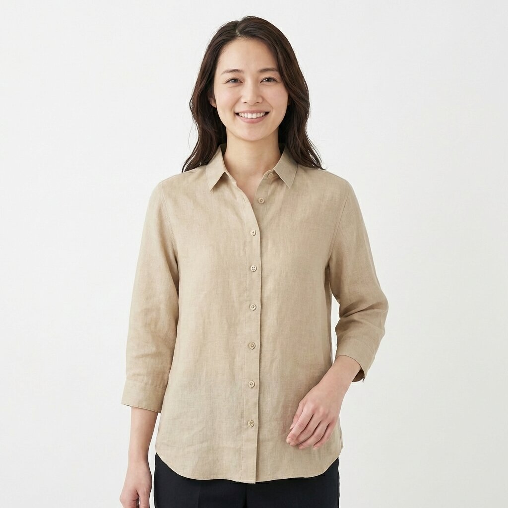 フレンチリネン 七分袖レギュラーカラーシャツ