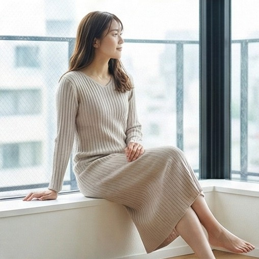 リブラインVネックニットワンピース